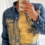 cropped jeans jacket blauw goud metallic