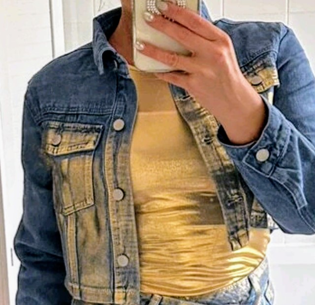 cropped jeans jacket blauw goud metallic