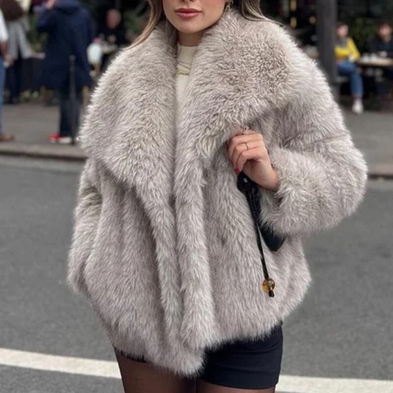 faux fur jas beige lichtgrijs